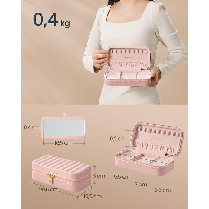 SONGMICS HOME ANAH - Шкатулка для прикрас, органайзер для подорожей, 10,5 x 10,5 x 6 см, білий, з дзеркалом, PU, подарунок