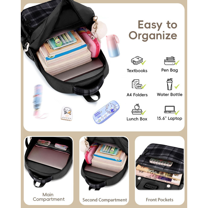 Шкільний рюкзак Tanou для дівчаток-підлітків, великий набір з сумкою через плече, в клітинку, 26л (чорний)