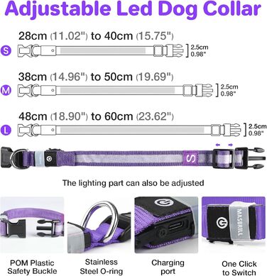 Світлодіодне нашийник для собак MABRILL, перезаряджається, водонепроникний, 3 режими світла, для малих, середніх та великих собак, колір: фіолетовий (L)