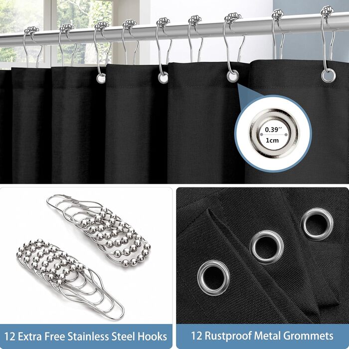 Штора для ванної Waffel з кільцями, водовідштовхувальна, антигрибкова, льон-чорний, 182x182 см (H244 x B182 см)