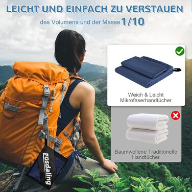 Набір з 3 рушників з мікрофібри: великий 180x90 см та 2 маленькі 80x40 см. Швидковисихаючі рушники з мікрофібри для спорту, подорожей, басейну та пляжу (темно-синій)