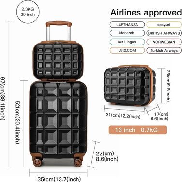 Набір валіз KONO 2 в 1: велика валіза (54 см) та косметичка, чорний/коричневий