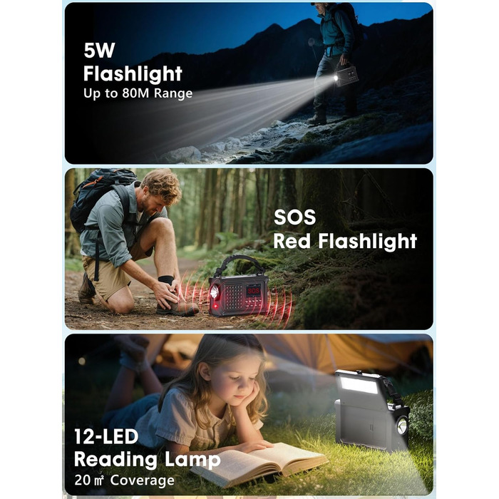 ROCAM Радіоприймач на ручку DAB+/UKW, портативне аварійне радіо з сонячною панеллю 8500 мм² та ручкою 650 мА, цифрове радіо з Bluetooth, 2.4' кольоровий дисплей, 80 станцій, SOS, LED ліхтарик, USB, IPX6 для кемпінгу, чорний