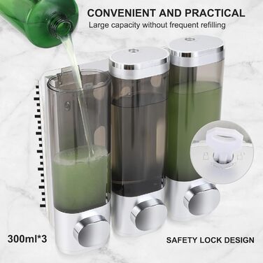 Wall-Mounted Soap Dispenser, Shampoo & Body Wash Dispenser, 3-Piece Soap Dispenser No Drilling Required, Even Liquid Dispensing, Leak-Proof Suitable for Shampoo, Body Wash, Liquid Soap, Conditioner. (Silver)