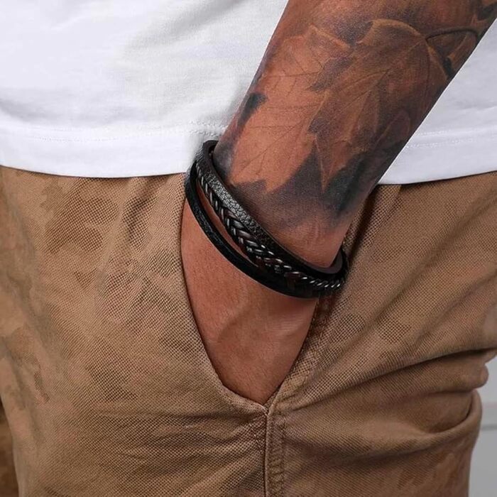 Чоловічий браслет з натуральної шкіри, плетіння ручної роботи. Браслет для чоловіків зі сталевою застібкою, шкіряний браслет з телячої шкіри, широкий браслет з магнітною застібкою.