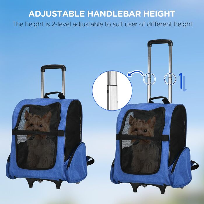 PawHut Рюкзак-переноска для собак і котів 2-в-1 з кишенями, телескопічною ручкою та колесами, 42 x 25 x 25 x 55 см, блакитний