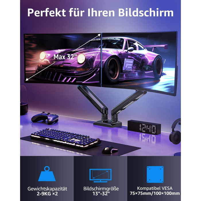 Тримач для монітора ELIVED EV6012W для 2 моніторів (13-32 дюйми), чорний, VESA 75/100mm, газ-амортизатор, регульований