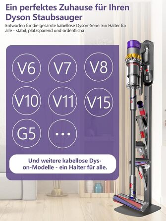 Кріплення та зарядний стан для пилососів Dyson V8–V15 та Gen5 – настінний тримач для акумуляторного пилососа з органайзером для насадок, щіток та кабелю, темно-сірий