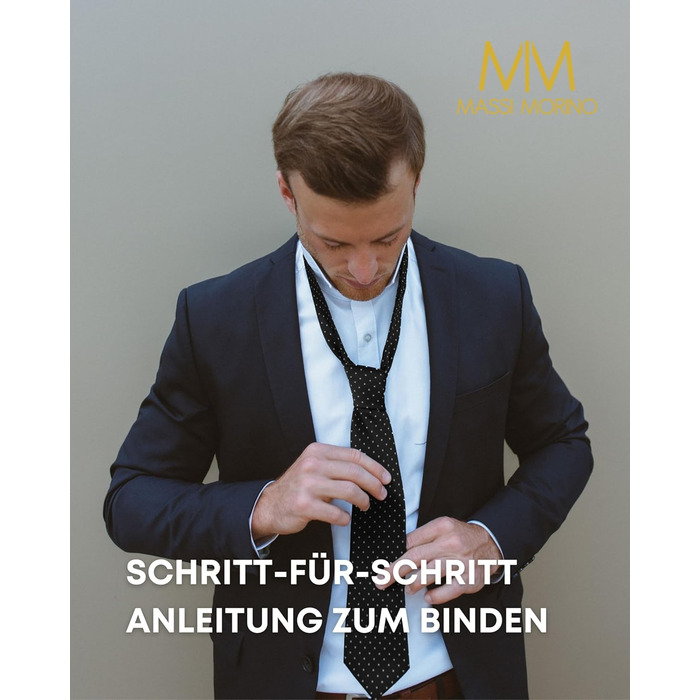 Комплект краватки Massi Morino з нагрудною хустинкою, запонками та затискачем для краватки в подарунковій коробці - Чорна краватка в крапку для весілля