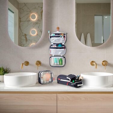 Набір туалетних сумок для подорожей: підвісна сумка + 3 сумки для рідин TSA + органайзер для аксесуарів, білий рипстоп (темно-синій)