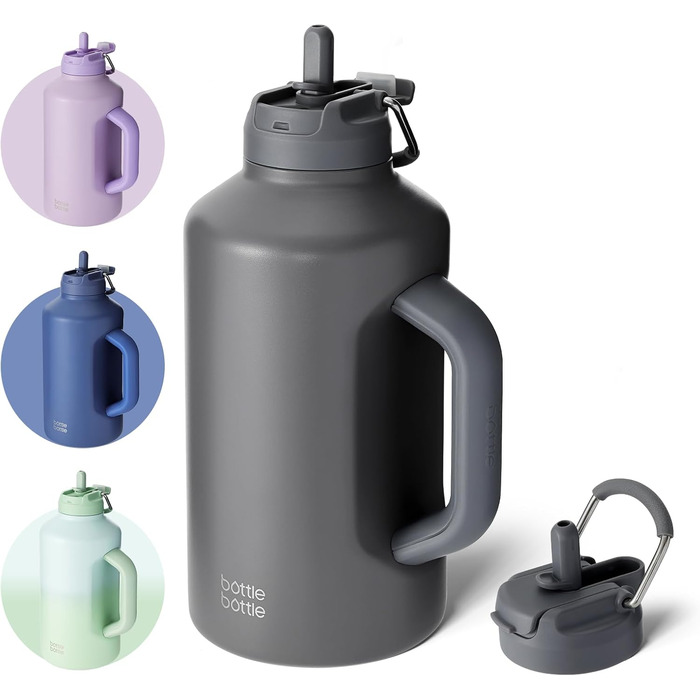 BOTTLE BOTTLE Insulated Water Bottle with Straw and Double Lid, Stainless Steel Sports Water Bottle for Men, with Handle, Vacuum Stainless Steel, for Workout and Sports, 1.8L (Gray)