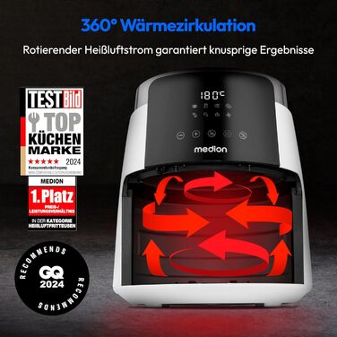 MEDION P40 L Фритюрниця для повітря (4.7 л, 1500 Вт, біла) з антипригарним покриттям, таймером 60 хв, до 200°C, MD13030