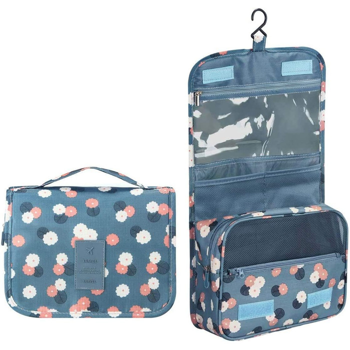 Сумка для туалетних приналежностей на блискавці | Розкладна дорожня косметичка з ручкою | Багатофункціональна сумка для туалетних речей, компактна косметичка, валізка для чоловіків та жінок (Квітка блакитна)