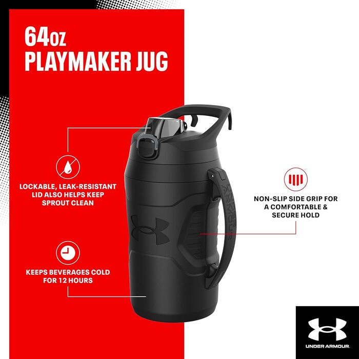 Under Armour Playmaker Sport-Krug, Insulated Water Bottle with Handle, Leak-Proof, 1.8 l, Black/Black