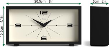 JONES CLOCKS® Desk Clock 'Odeon' – modern rectangular design in black, stylish retro look for shelf, table, mantelpiece or bedside table