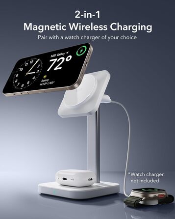 Зарядна станція 2-в-1 ESR MagSafe для Apple Watch та iPhone 17e/17/16/15/14/13/12, AirPods 4 - Біла