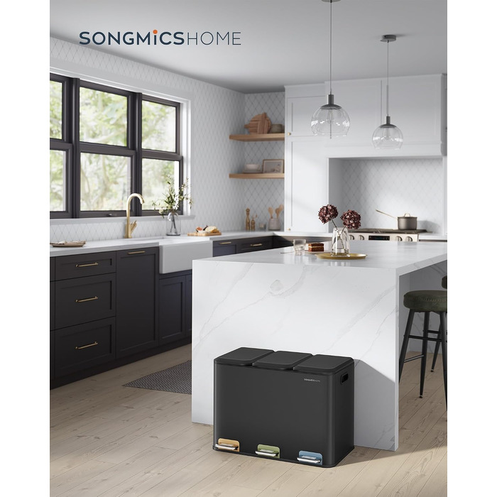 Сміттєвий відер SONGMICS HOME для кухні, система сортування сміття з 3 відсіками по 15 л, сталевий смітник з педалями та внутрішніми контейнерами, чорний, колекція POPNEX LTB740B02