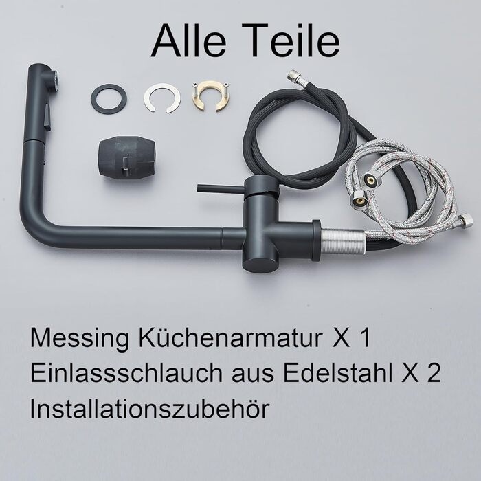 Змішувач для кухні Rozin, чорний матовий, високого тиску, з висувною лійкою 360°, 2 режими, для мийки, з донним клапаном (Orb)