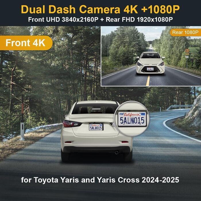Відеореєстратор Fitcamx 4K для Toyota Yaris/Yaris Cross (2024-2026) з WiFi, нічним баченням та картою 64GB