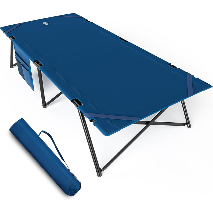 Розкладне ліжко для кемпінгу EVER ADVANCED XXL, 214 x 79 x 50 см, 200 кг, з кишенею, стабільне та портативне для відпочинку на природі та вдома (Блакитний)