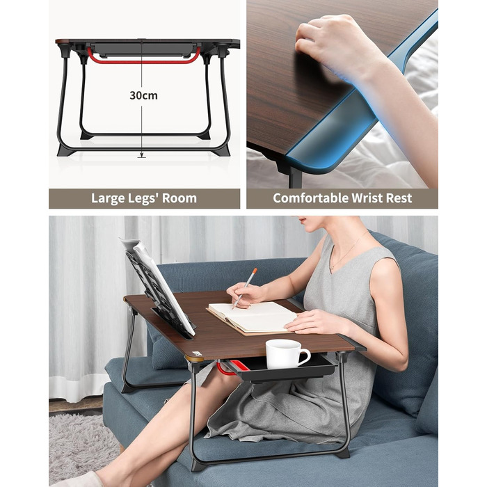 SAIJI Стіл-таблетка для ноутбука XXL, розкладний, для підлоги, дивану, їжі, роботи, ігор, навчання з ящиком, підставка для книг, підставка для планшета/телефону (65*49*30 см, світло-чорний)