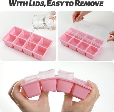 Форми для льоду JRISBO (2 шт.) з кришкою, 4,5 см, BPA-Free, XL, великі кубики льоду з силікону, гнучке дно, рожеві