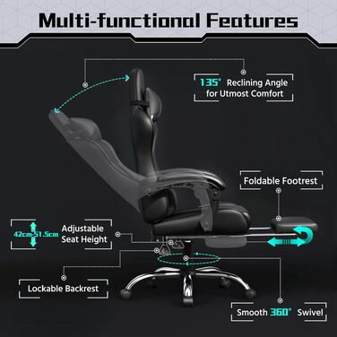 Ігрове крісло Yaheetech Ergonomic Gaming Chair з функцією масажу, підставкою для ніг та регулюванням спинки 90-135°, офісне крісло для геймерів та дому, чорне