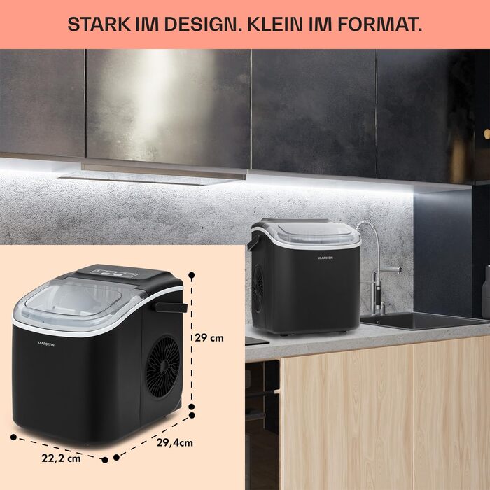 Klarstein Ice Maker - 12kg/24h, 2 sizes, 1.3L water tank, LED displays, transparent lid, portable, ice cube maker for parties/garden events (Black)