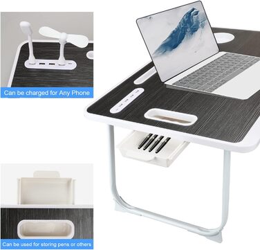 Стіл для ноутбука в ліжко, складний з USB, ручка, кишеня для карток, тримач для напоїв, висувна шухляда, портативний стіл для їжі, читання та роботи в ліжку (Чорний)