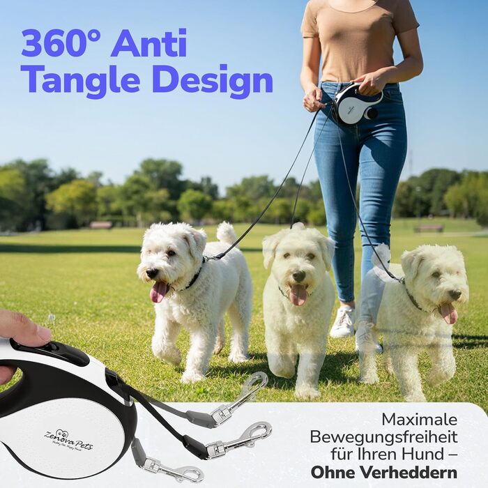 Рулетка для собак 5 м з тримачем для відходів – витяжна повідка для собак будь-якого розміру – повідка з нейлоновою стрічкою 360°, антиковзним руків'ям та кнопкою швидкого гальмування – повідка для собак до 30 кг