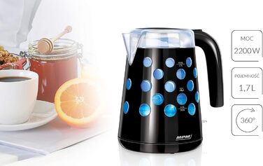 Електричний чайник MPM MCZ-85/G1, 1.7 л, без BPA, бездротовий, 360° обертання, антинакипний фільтр, автовимкнення, чорний, 2200W