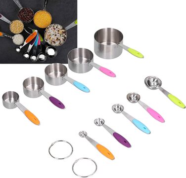 10-Piece Measuring Cup and Spoon Set, Stainless Steel Measuring Spoon Set with Silicone Handle and Scale, Measuring Cup Spoon Set in Various Sizes, for Home (16.5oz-Color)