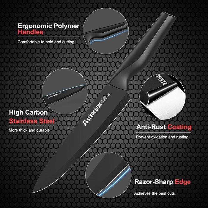 Astercook 21-Piece Kitchen Knife Set with Block - German Stainless Steel, Built-in Sharpener, Dishwasher Safe