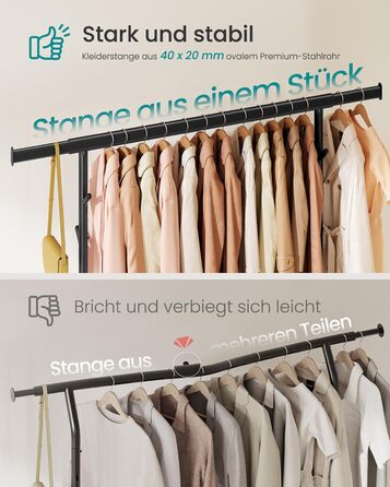 SONGMICS Стійка для одягу на коліщатках, важка, з висувними штангами, регульована висота, з полицею та гачками (HSR015B01, Чорний)