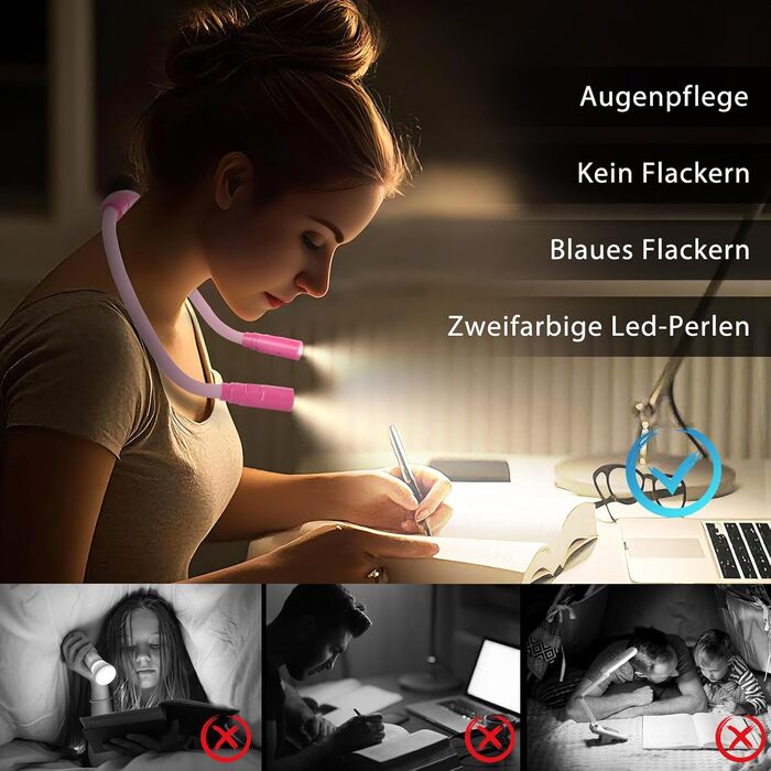 Ліхтар на шию LUXJET LED для читання, в'язання, ремонту – акумуляторний, 3 кольори, регульована яскравість (Рожевий)