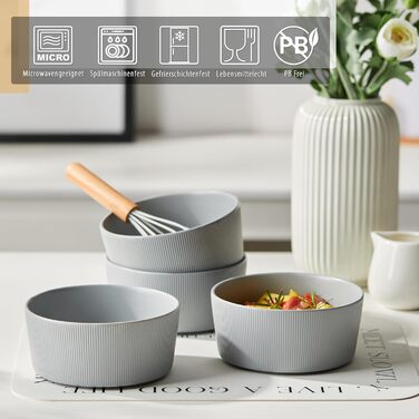 Набір посуду Jiwoo для 4 осіб (12 предметів): тарілки, десертні тарілки, супові миски. Bone China, матовий сірий колір, для мікрохвильовки та посудомийної машини