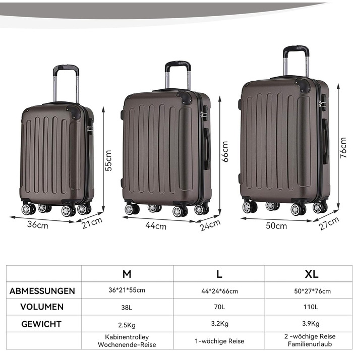 Набір валіз Beibye Hartschalen: M, L, XL (3 шт.) з ручкою-телескопом, 4 колеса, колір кава