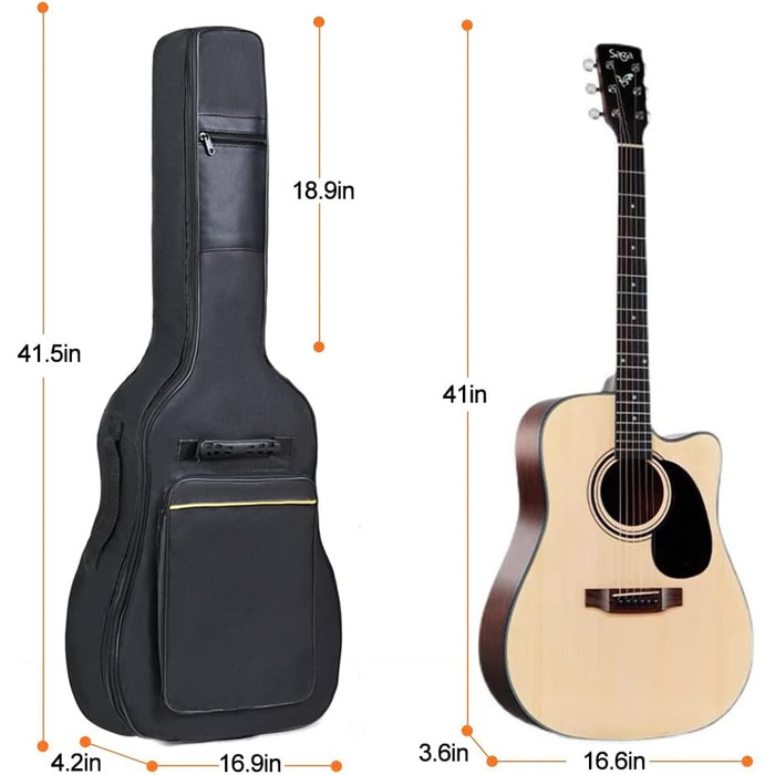 Чохол для акустичної гітари H&Z, 39/41 дюймів, Gigbag, чорний, з подвійними ременями, водонепроникний