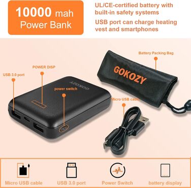 Обогревна жилетка Gokozy для жінок з power bank 10000mAh, 5 зон обігріву, швидкий нагрів, електрична жилетка для туризму та роботи на відкритому повітрі (S, чорний)