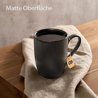 Набір кавових чашок Cosumy 6 шт. чорного матового кольору, 350 мл - смугастий дизайн, кераміка, для мікрохвильової печі та посудомийної машини, зручна ручка