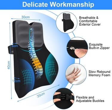 Подушка для спини з піни Memory Foam Schaum: ергономічна підтримка попереку для офісного крісла, авто та робочого столу, чорно-сіра