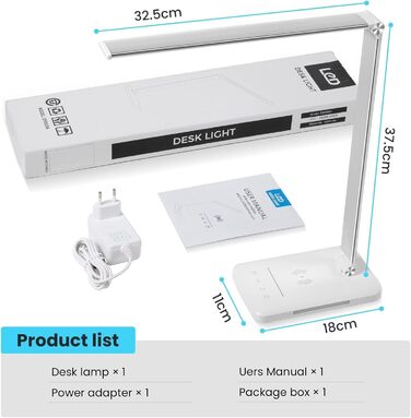 LED лампа настільна диммерна 560LM - офісна лампа з 5 режимами кольору та 10 рівнями яскравості, з нічним світлом, USB-портом, функцією пам'яті та таймером, 10W - білий (адаптер 24w - сріблястий)