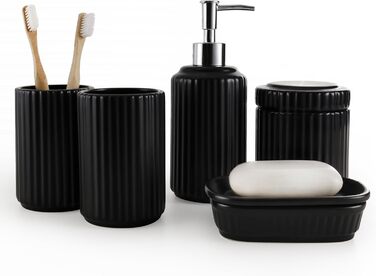 Набір для ванної кімнати NOVAJOY (5 шт.) з кераміки: органайзер, дозатор мила, мильниця, тримач для зубних щіток, контейнер для ватних паличок. Чорний колір.