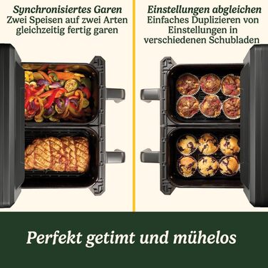 Фритюрниця Cuisinart XXL 10.4L з двома зонами, без PFAS та хімікатів, для смаження, гриля, випікання, дегідратації та підтримання тепла, 2 камери (2 x 5.2L), 8+ порцій, знімні деталі придатні для миття в посудомийній машині, чорний колір