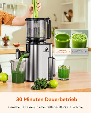 Соковитискач CelerySpec Slow Juicer - переможець тесту, для цілих овочів та фруктів, 130 мм, 1.8л, BPA-free, 250W, з функцією зворотного ходу, нержавіюча сталь, чорний