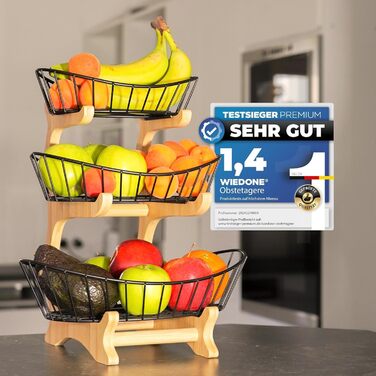 Дерев'яна етажерка для фруктів на 3 ярусах, чорна - фруктова корзина, підставка для фруктів, органайзер для кухні