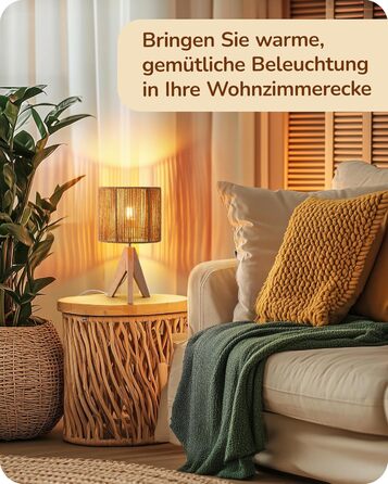 LED настільна лампа EDISHINE з абажуром з ручної роботи та дерев'яною ніжкою, 2700K, тепле біле світло, бохо стиль, для спальні, вітальні, готелю, з лампочкою E27 4W, в'язаний паперовий шнур