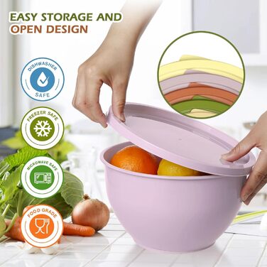 Набір салатниць з кришкою, міски для перемішування з пластику, набір вкладишів для кухні, великий набір місок, сервіровочні тарілки ідеальні для змішування та подачі, BPA-free (Жовтий)