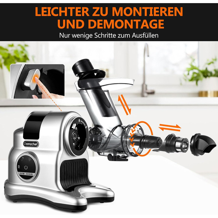 AMZCHEF Juicer with 80mm Large Feed Chute - 150W Juicer Slow Juicer with 2 Speed Modes and Reverse Function - Juicer for Whole Vegetables and Fruits Test Winner - Silver Juicer Silver