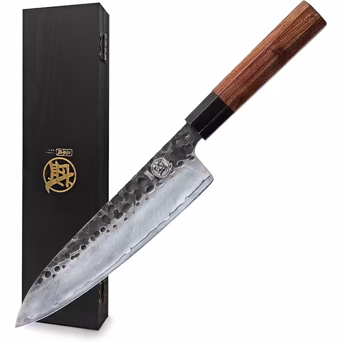 Японський кухонний ніж Mitsumoto Sakari Gyuto 22 см, ручне кування, високовуглецева сталь, дерев'яна ручка, подарункова коробка